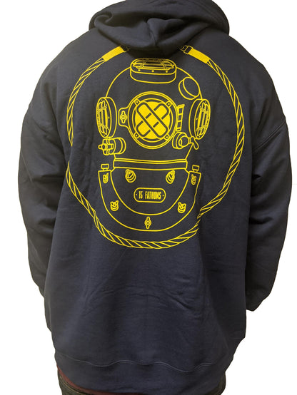 Your favorite design now displayed loud and proud on the back of a super comfy, wash tested zip up hoodie! Let them know divers have arrived with this slick new outerwear.
