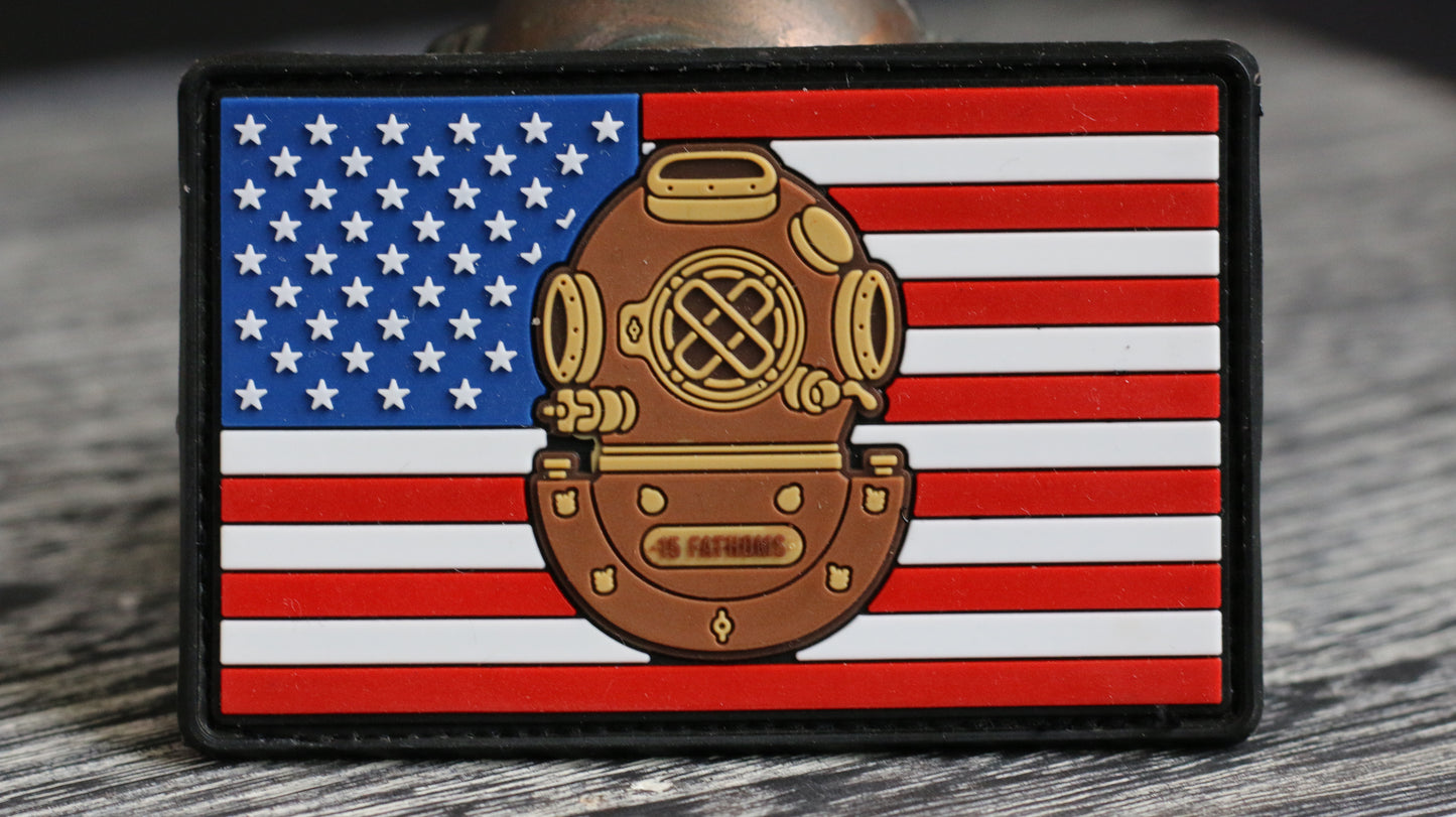 Our new American flag patch is here to stay. Its patriotic and features out Mark-5 diving helmet. grab one today! 