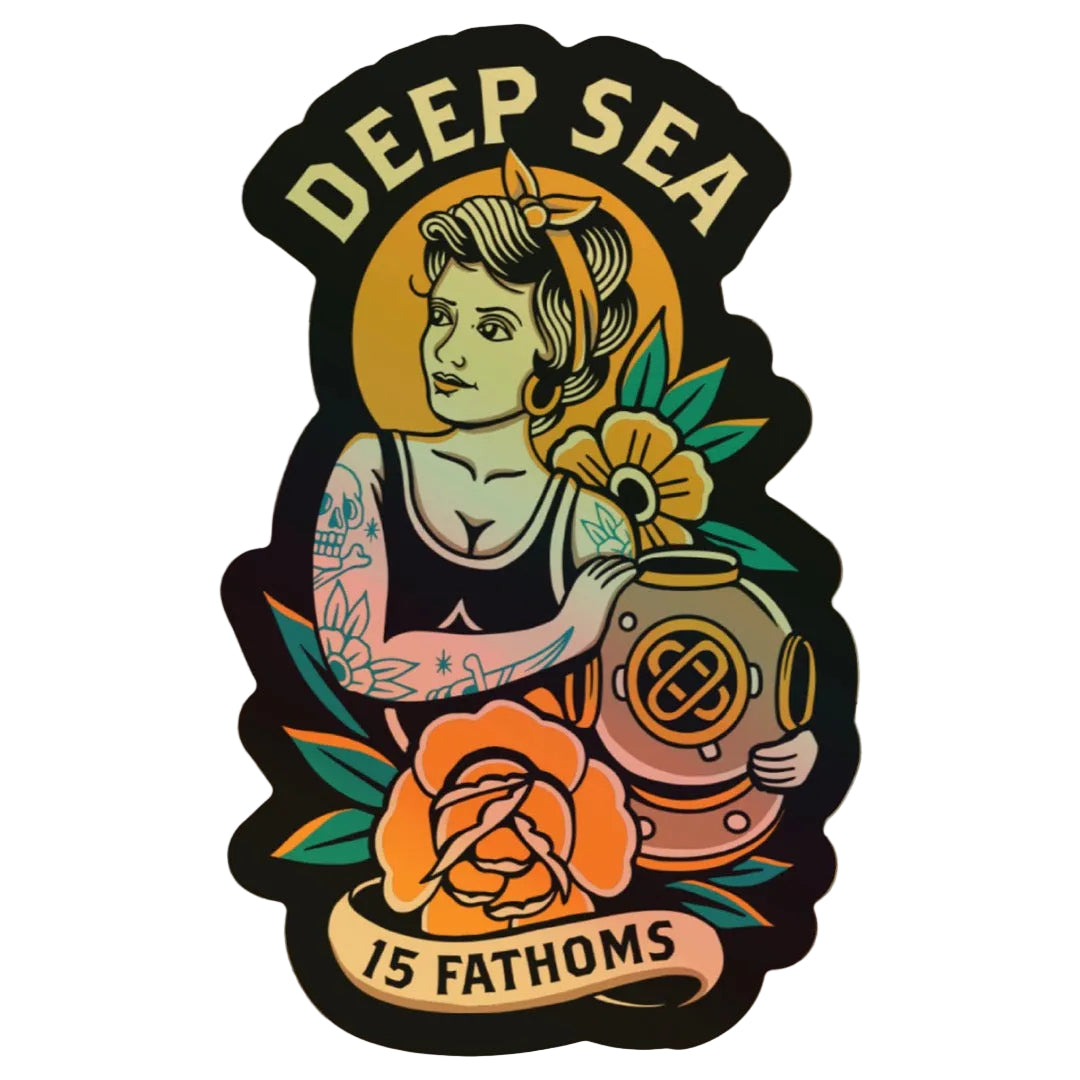 Holographic Diver Daisy - colorful sticker of woman holding a diver helmet with "Deep Sea 15 Fathoms" text