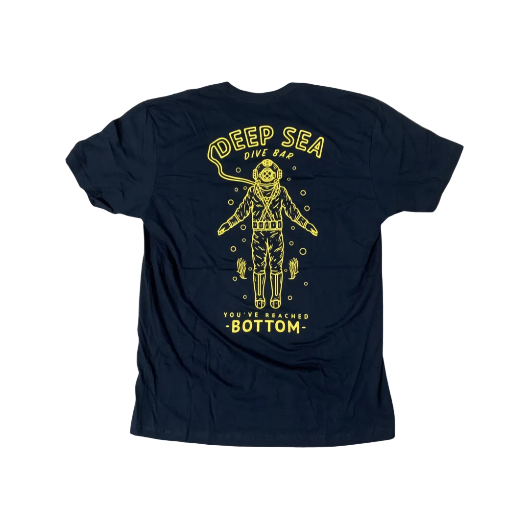 Dive Bar - black t-shirt featuring diver standing on the sea floor with "Deep Sea Dive Bar You've Reached the Bottom" text on back