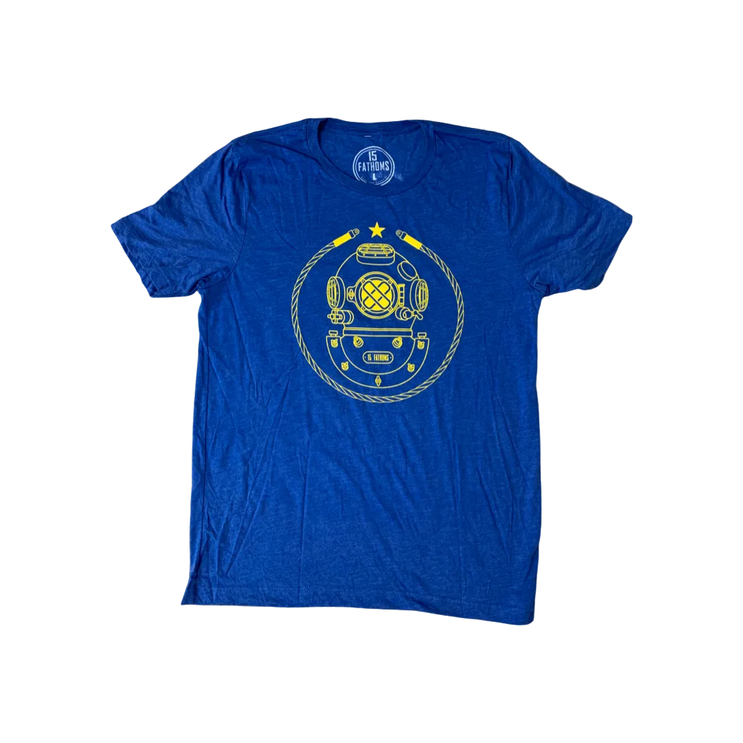Project Aware Iconic - blue t-shirt with gold diver helmet logo on front