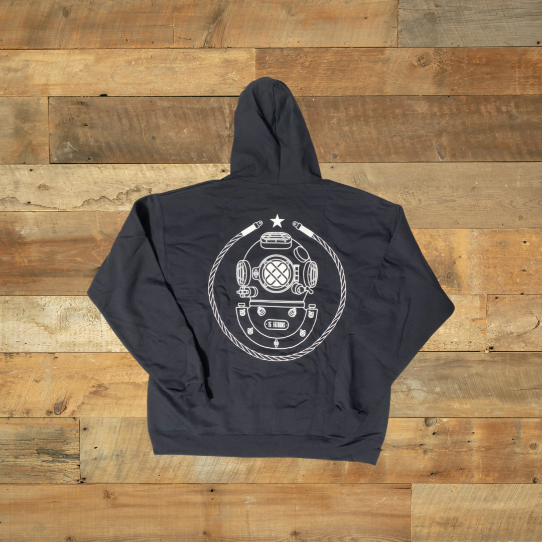 Iconic Hoodie - black hoodie with white diver helmet logo on the back