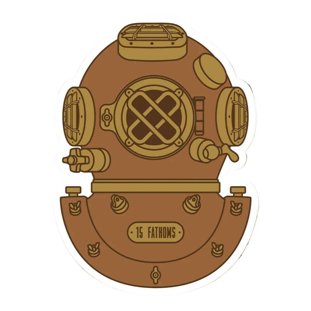MK5 Sticker - sticker of dive helmet with “15 Fathoms” text on base of helmet