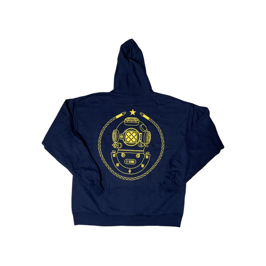 Iconic Hoodie - navy hoodie with gold diver helmet logo on the back