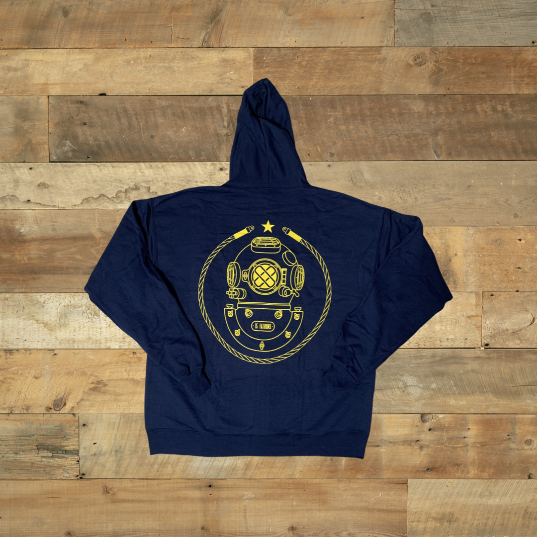 Your favorite design now displayed loud and proud on the back of a super comfy, wash tested zip up hoodie! Let them know divers have arrived with this slick new outerwear.