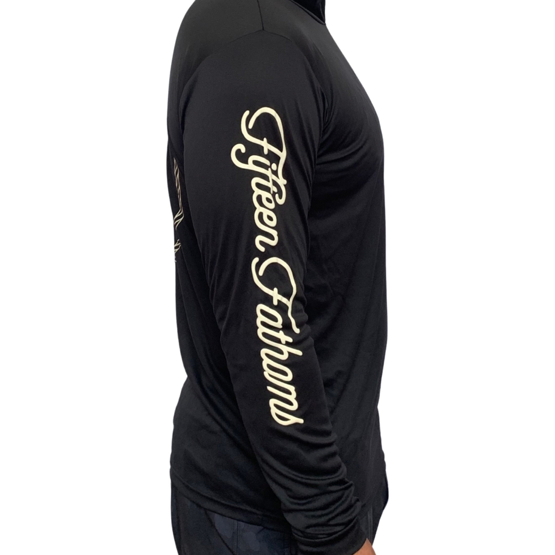 UV Sun Protection Hoodie – blue hoodie with white Fifteen Fathoms branding down sleeve, side view