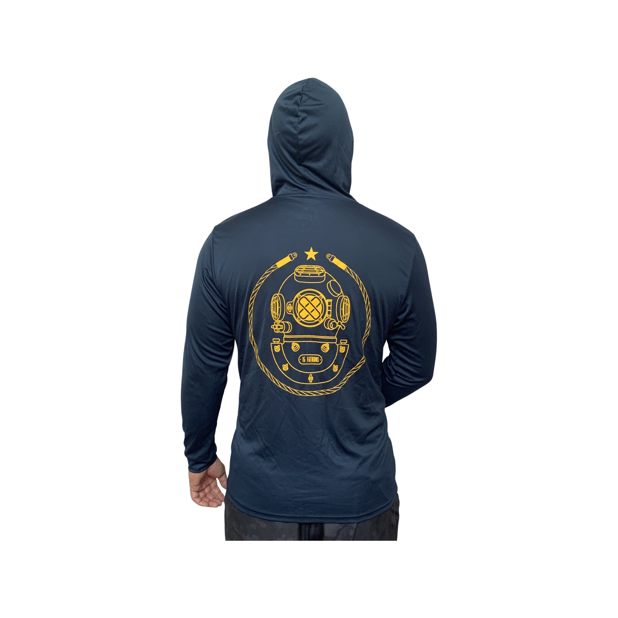 UV Sun Protection Hoodie - blue hoodie with gold diver helmet logo on back, model facing away