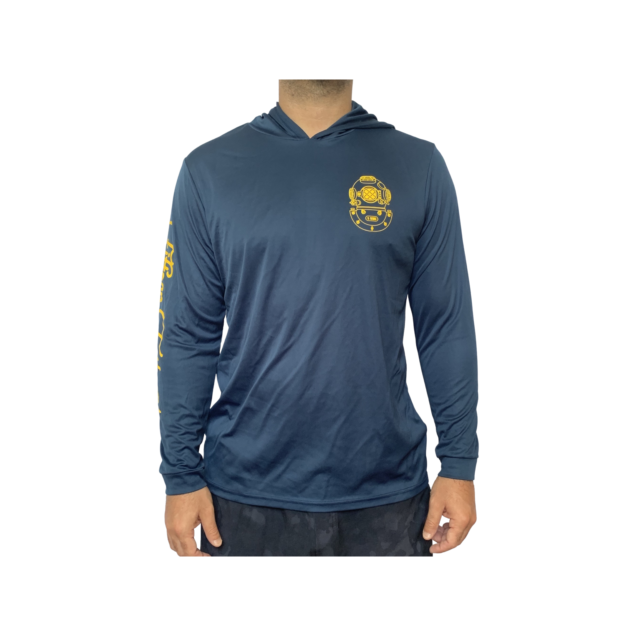 UV Sun Protection Hoodie - blue hoodie with Fifteen Fathoms branding down sleeve and gold diver helmet logo over heart, front view