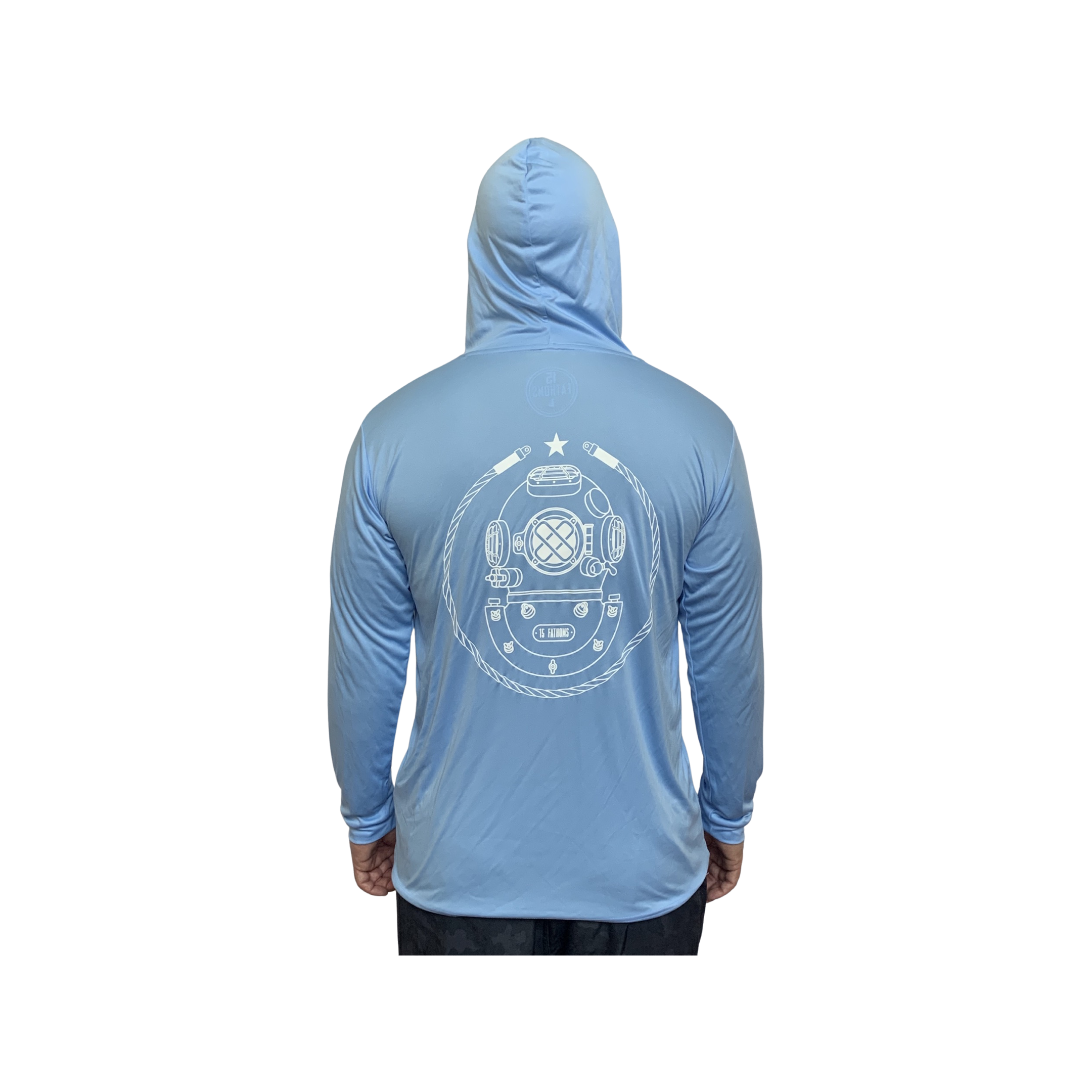 UV Sun Protection Hoodie - light blue hoodie with white diver helmet logo on back, model facing away