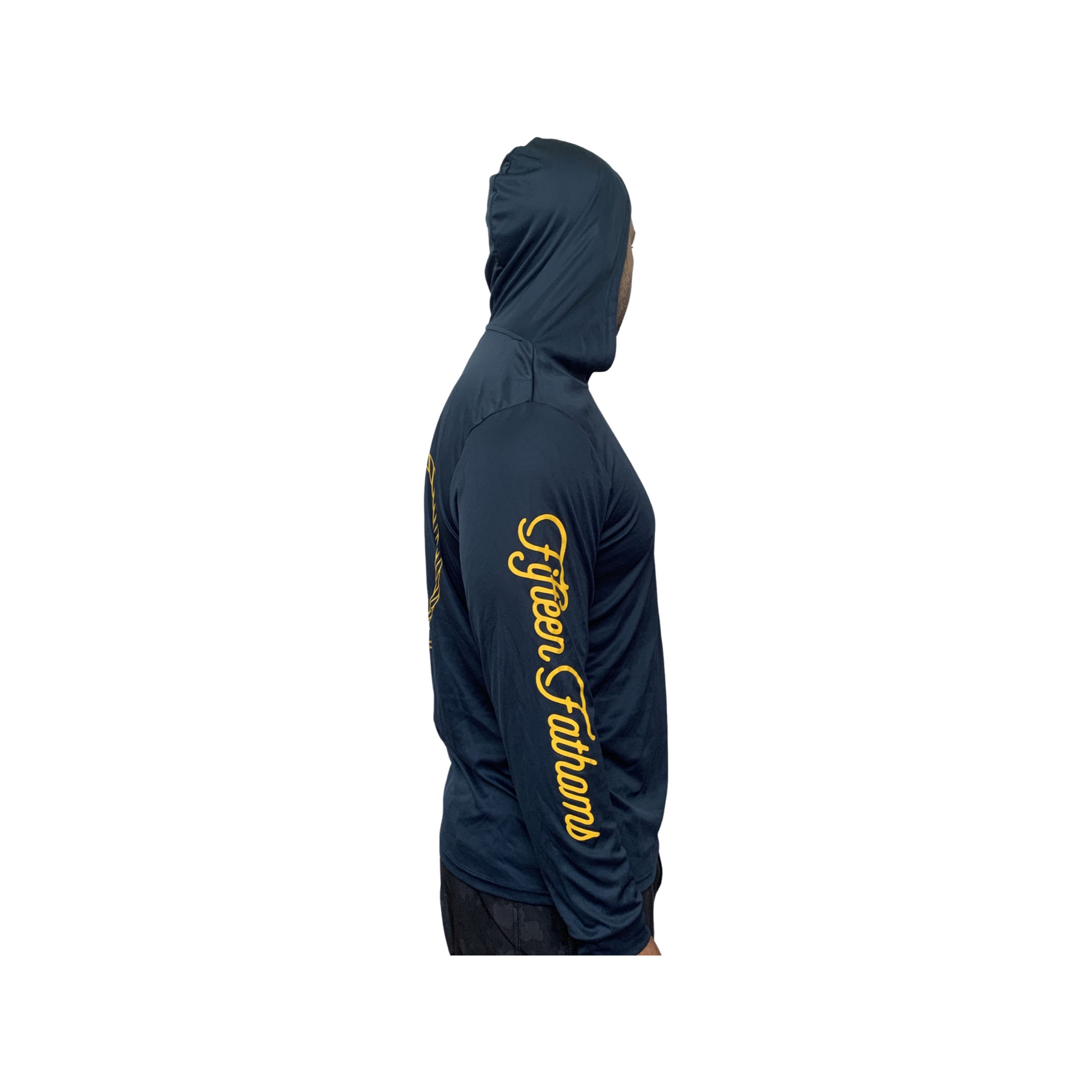 UV Sun Protection Hoodie – blue hoodie with gold Fifteen Fathoms branding down sleeve, side view