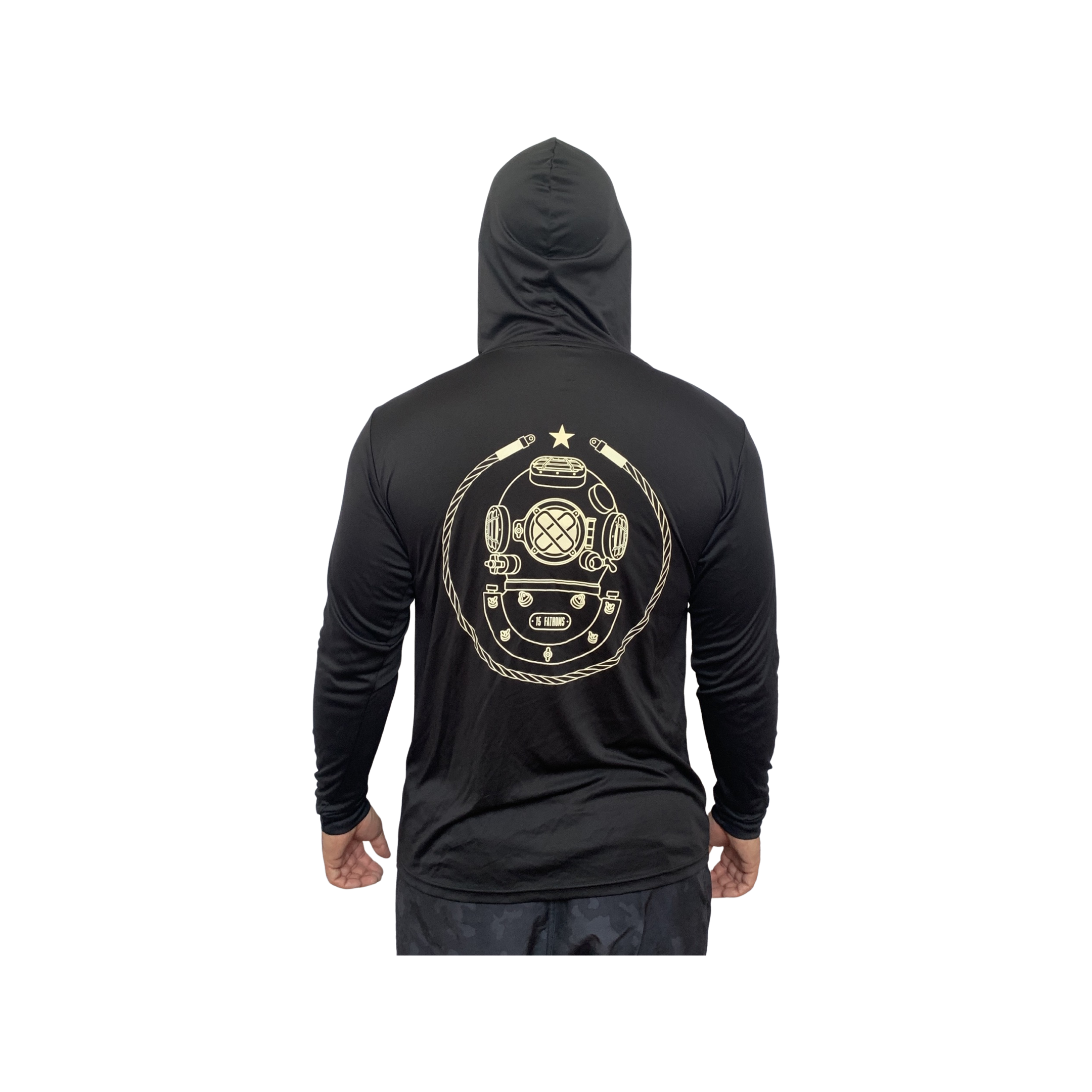 UV Sun Protection Hoodie - black hoodie with white diver helmet logo on back, model facing away