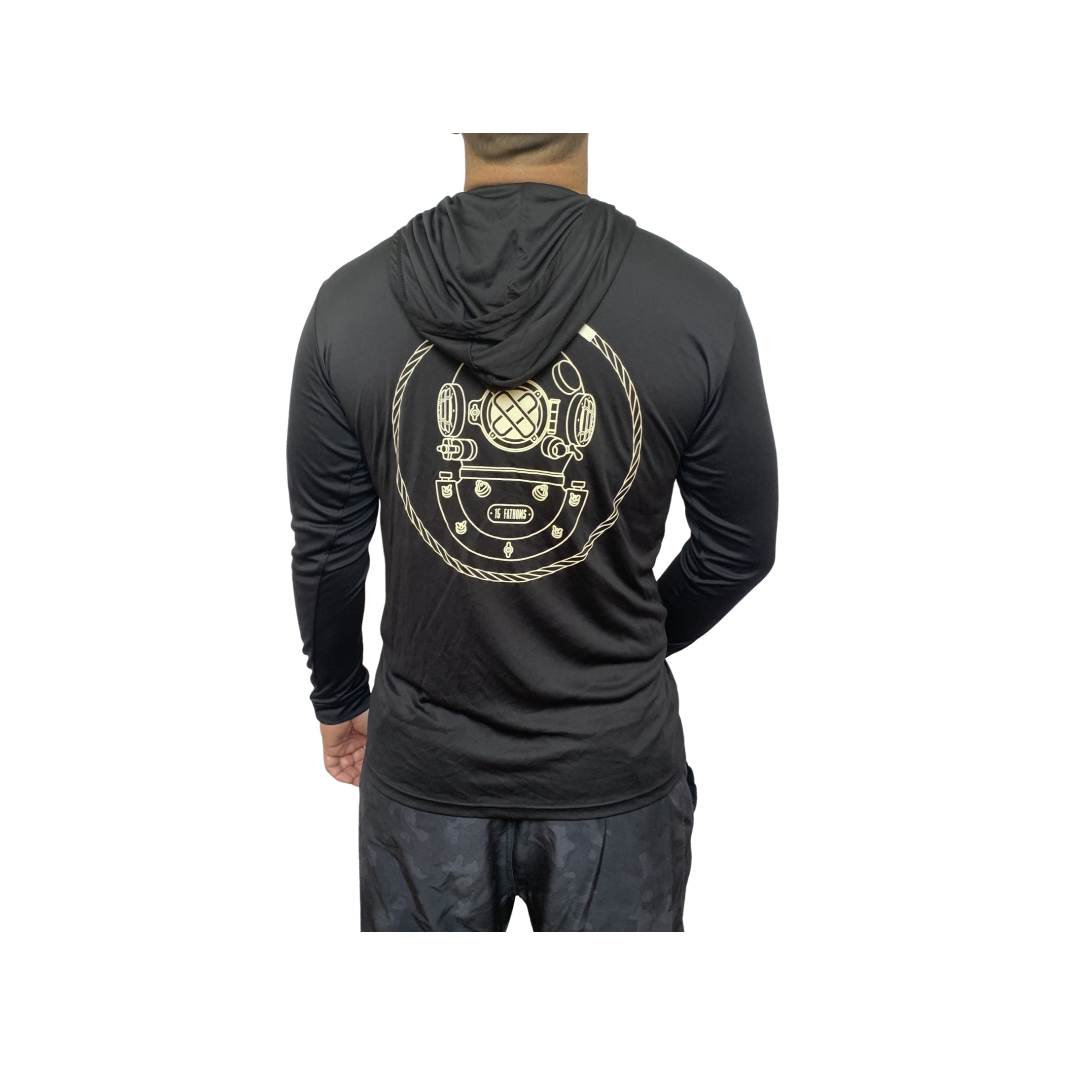 UV Sun Protection Hoodie - black hoodie with white diver helmet logo on back, model facing away